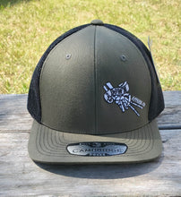 Load image into Gallery viewer, 2 Down Apparel Co. Embroidered Logo Snapback Cap - Military Green Black Mesh
