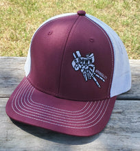 Load image into Gallery viewer, 2 Down Apparel Co. Embroidered Logo Snapback Cap - Maroon White Mesh
