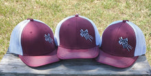 Load image into Gallery viewer, 2 Down Apparel Co. Embroidered Logo Snapback Cap - Maroon White Mesh
