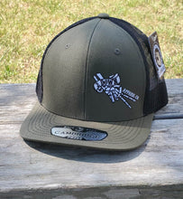 Load image into Gallery viewer, 2 Down Apparel Co. Embroidered Logo Snapback Cap - Military Green Black Mesh
