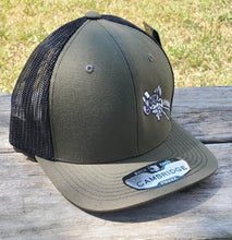 Load image into Gallery viewer, 2 Down Apparel Co. Embroidered Logo Snapback Cap - Military Green Black Mesh
