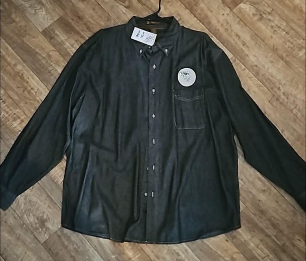 Men's Black Denim Long Sleeve Button Front Shirt with Logo Patch