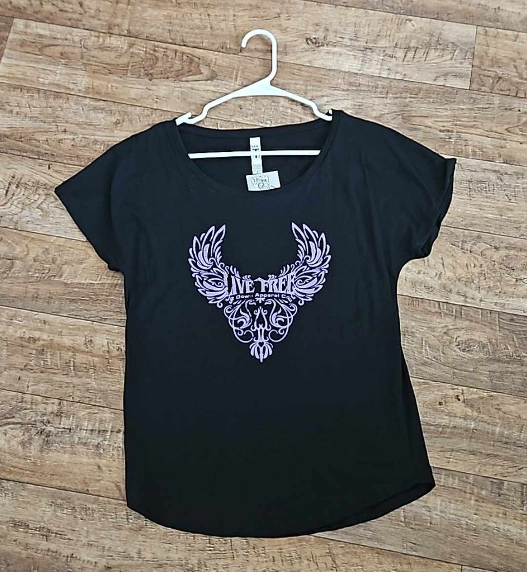 Dolman Style Relaxed Fit Live Free Top Purple graphic