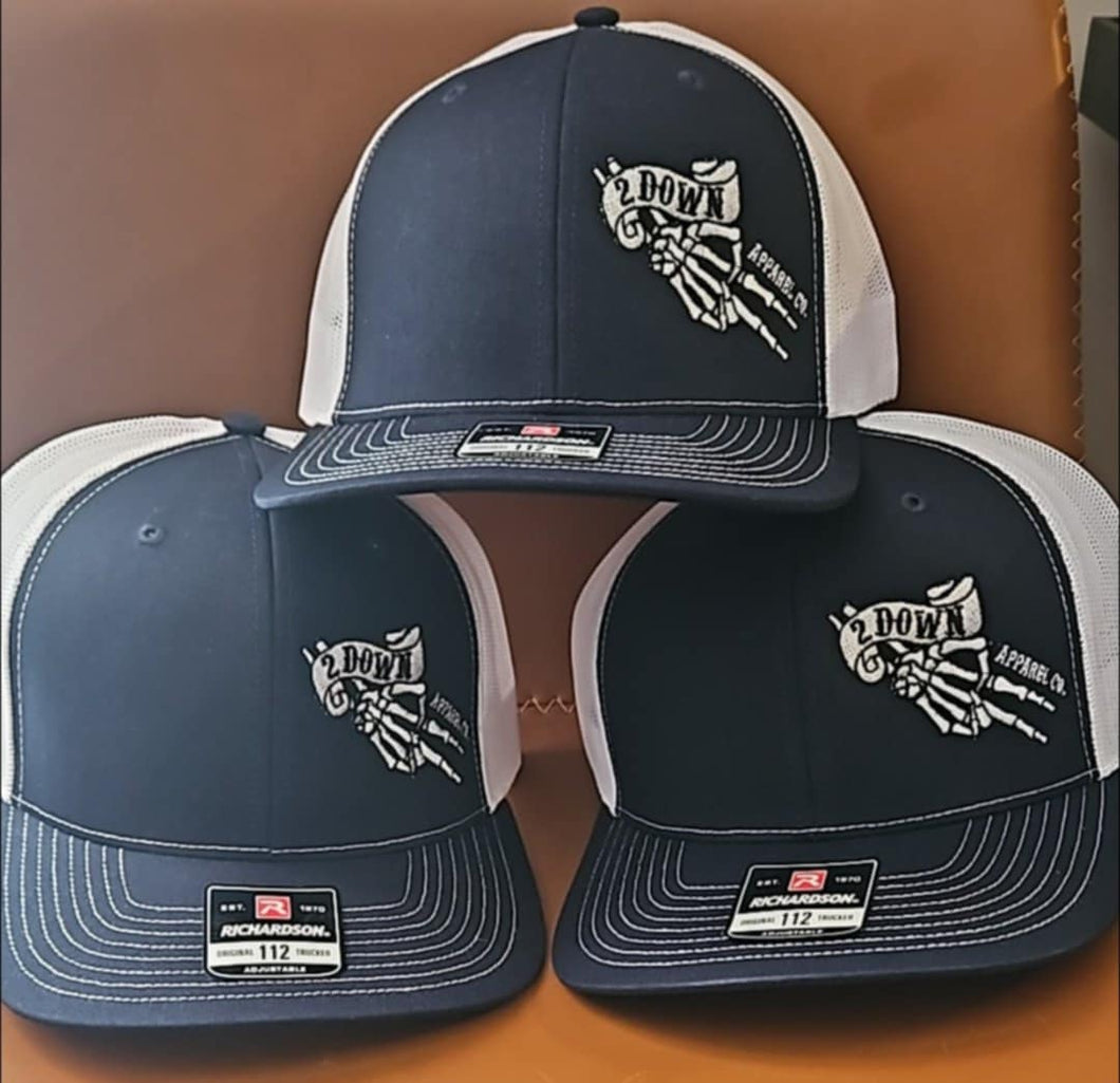 2 Down Apparel Co. Embroidered Logo Snapback Cap - Navy Blue White Mesh