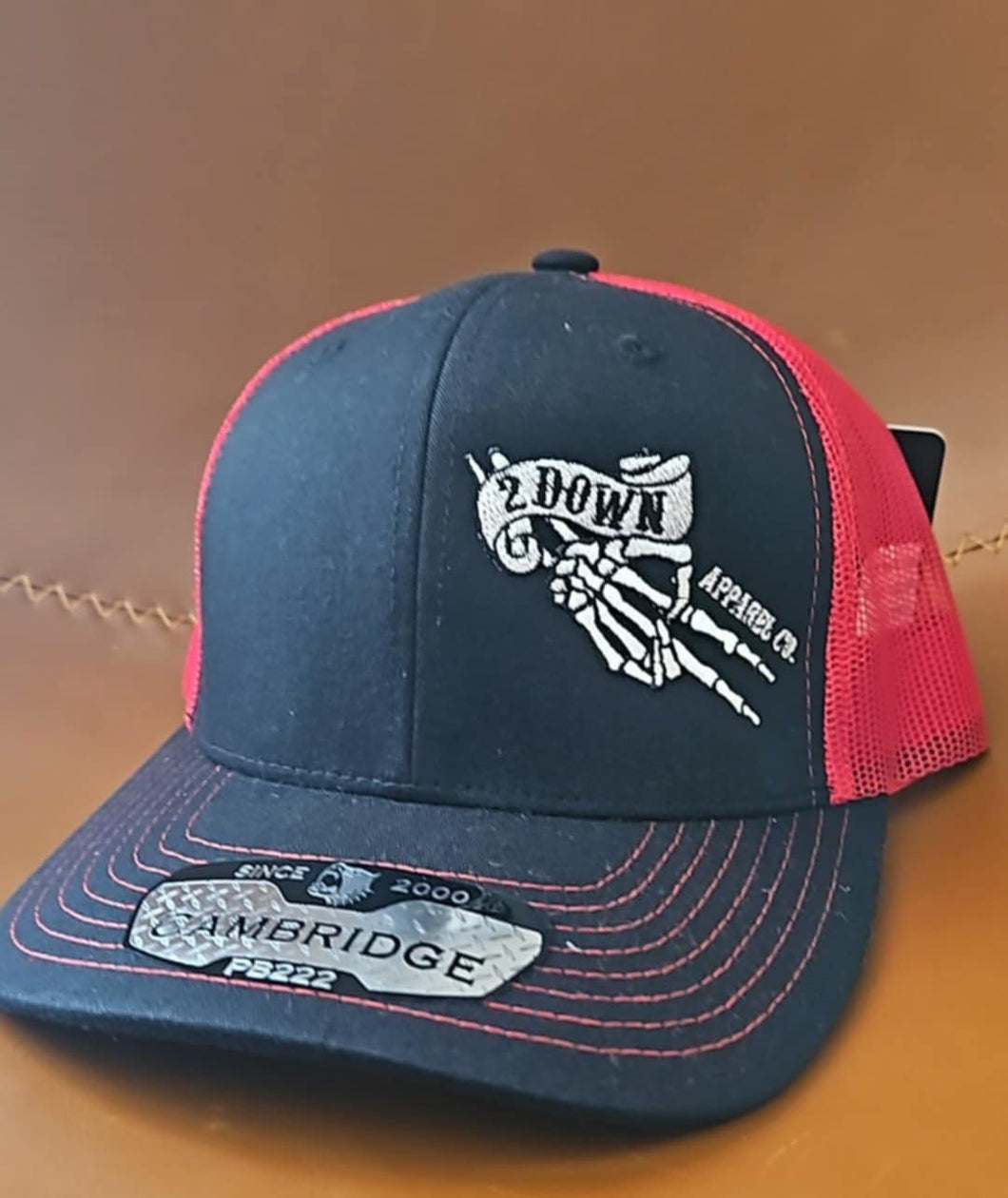2 Down Apparel Co. Embroidered Logo Snapback Cap - Black on Red Mesh