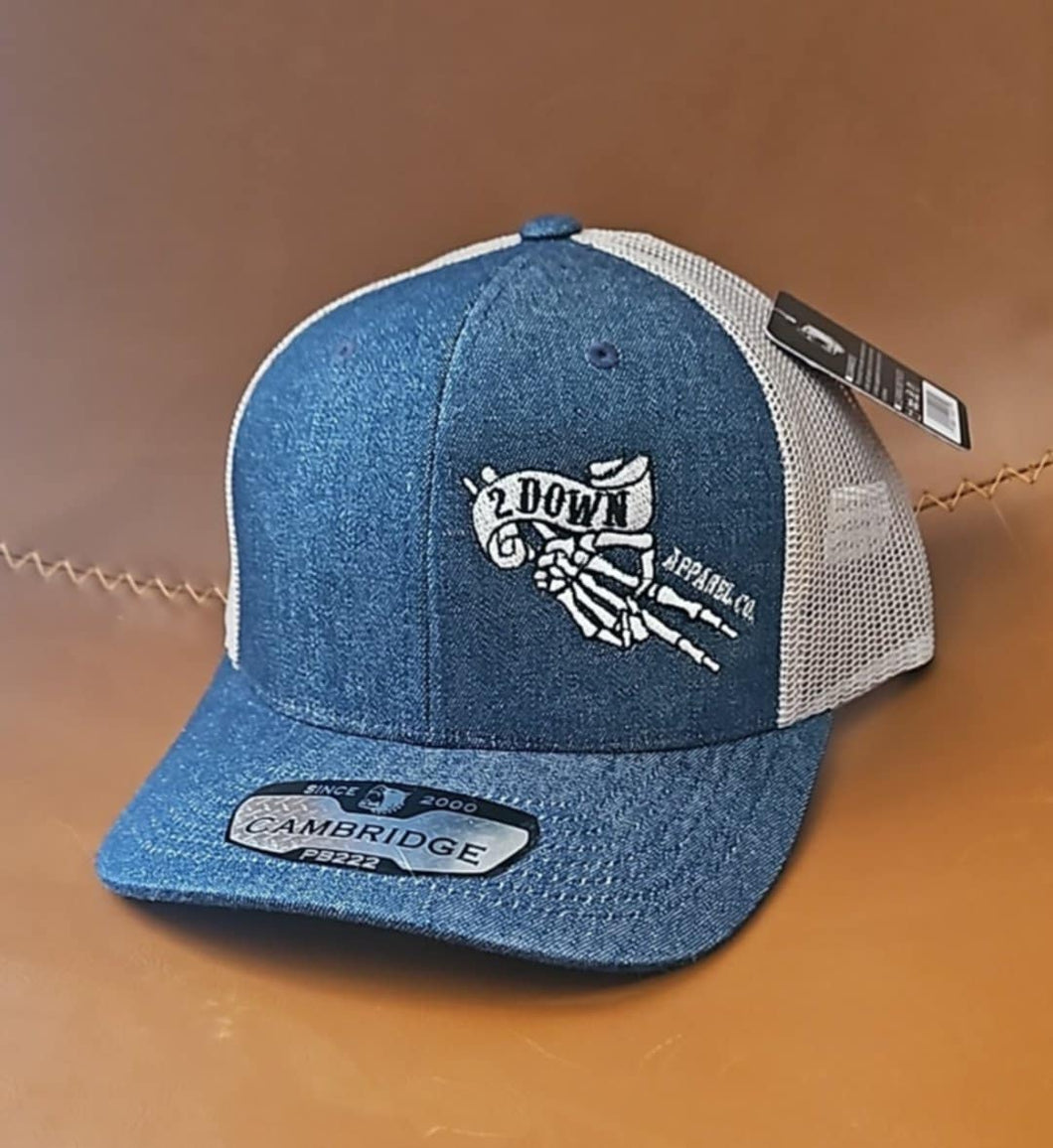 2 Down Apparel Co. Embroidered Logo Snapback Cap - Blue Denim on Khaki Mesh