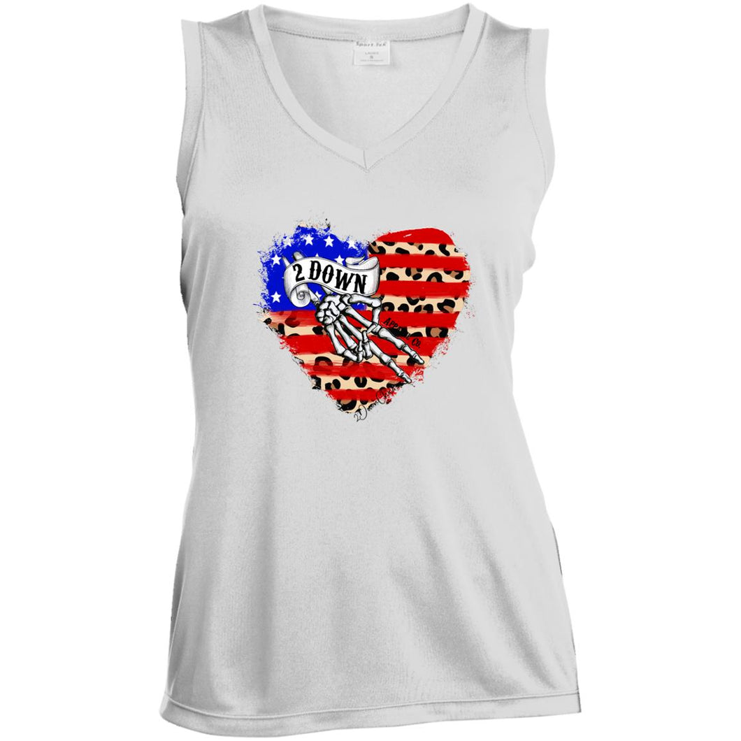 Leopard Heart Flat Patriotic Ladies' Sleeveless V-Neck Performance Tee