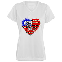 Load image into Gallery viewer, Leopard Heart Flag Patriotic Ladies’ Moisture-Wicking V-Neck Tee
